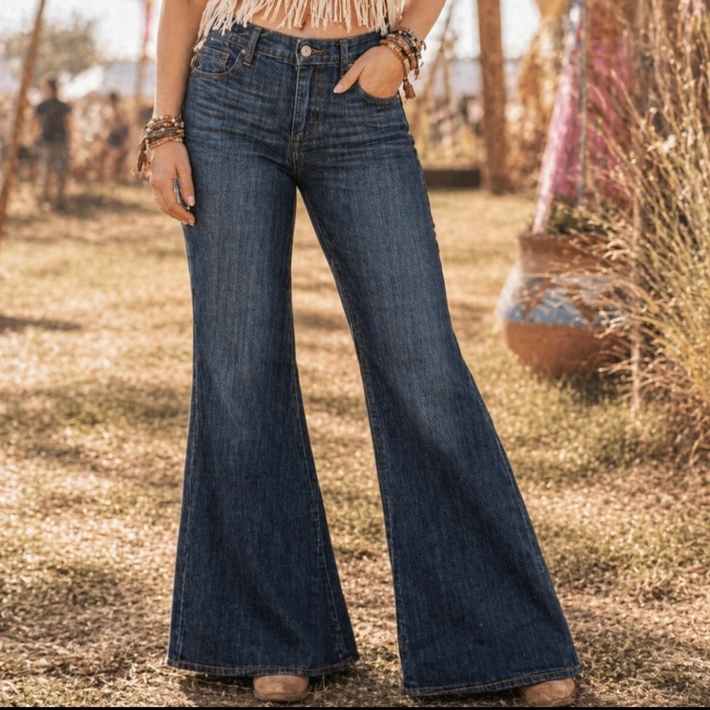 Goldsign Elan Dark Wash High Rise 25 Flare Jeans Made in USA Blue Wide Leg Denim
